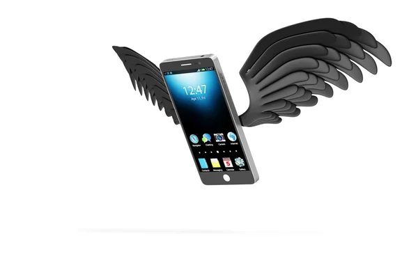 Smart telefon med svart flygande vingar — Stockfoto