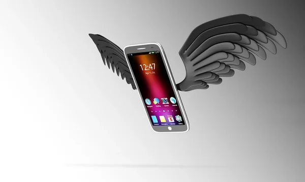 Siyah kanat uçan ile akıllı telefon — Stok fotoğraf