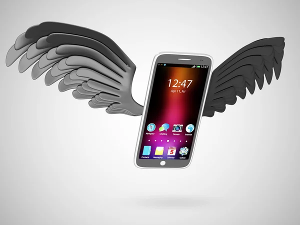 智能手机与黑飞的翅膀 — 图库照片