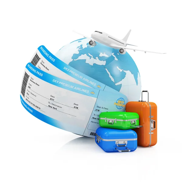 Earth Globe with Tickets, luggage and Airplane — Stock Photo, Image