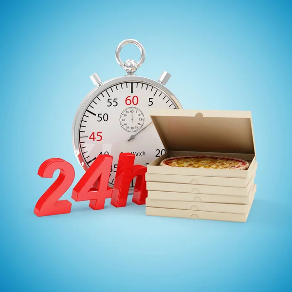 Коробки для пиццы с секундомером и символом 24 часа — стоковое фото