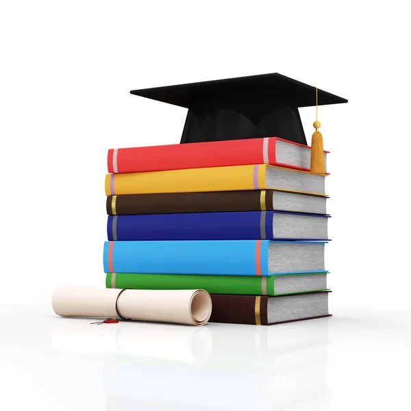 Tappo di laurea con diploma e libri — Foto Stock