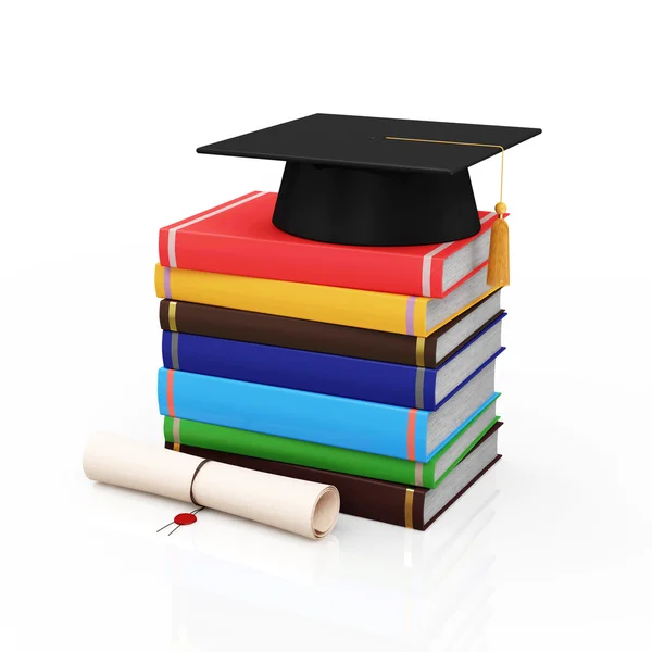 Gorra de graduación con diploma y libros — Foto de Stock