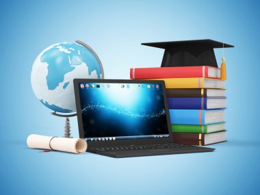 Laptop ile Resepsiyon Küre, mezuniyet Cap, Diploma ve kitaplar.