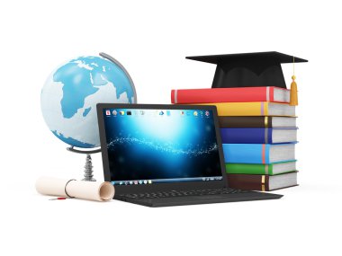 Dizüstü bilgisayar ile Resepsiyon Globe, mezuniyet Cap, Diploma ve renkli