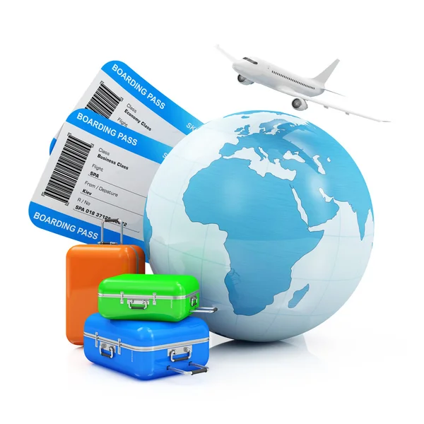 Earth Globe with Tickets, Luggage and Airplane — Stock Photo, Image