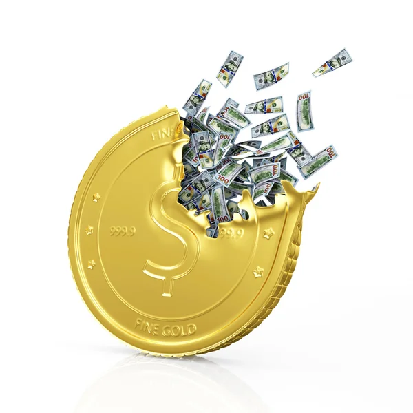 Golden Coin with Heap of Dollar Bills — Stock Photo, Image