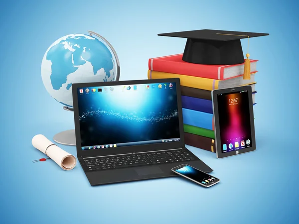 Elektronische Gadgets met Bureau Globe, afstuderen Cap met Diploma en boeken. — Stockfoto