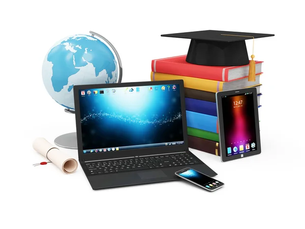 Gadgets electrónicos con globo de escritorio, casquillo de graduación con diploma y libros —  Fotos de Stock