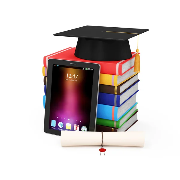 Tablet PC moderno con tappo di laurea, diploma e libri — Foto Stock