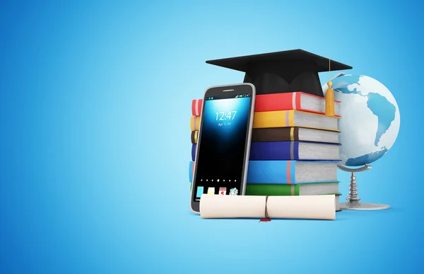 Slimme telefoon met Bureau Globe, afstuderen Cap, Diploma en boeken. — Stockfoto