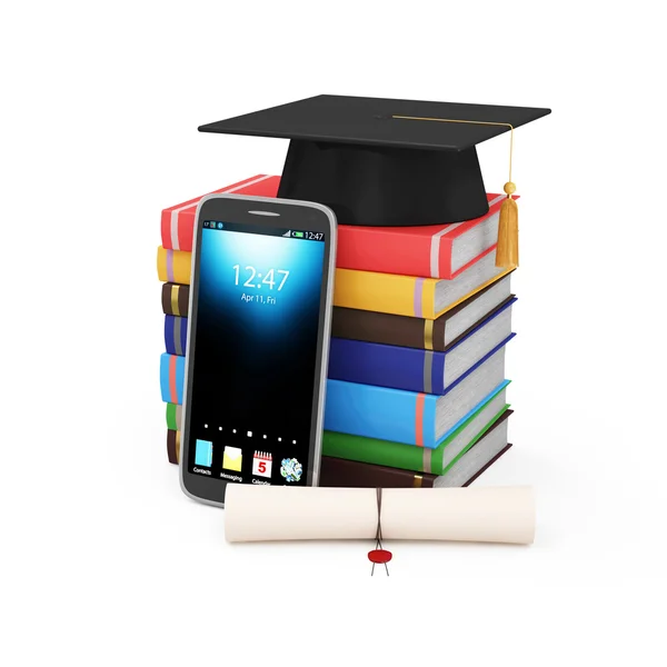 Smart Phone with Graduation Cap, Diploma and Books — Stock Photo, Image