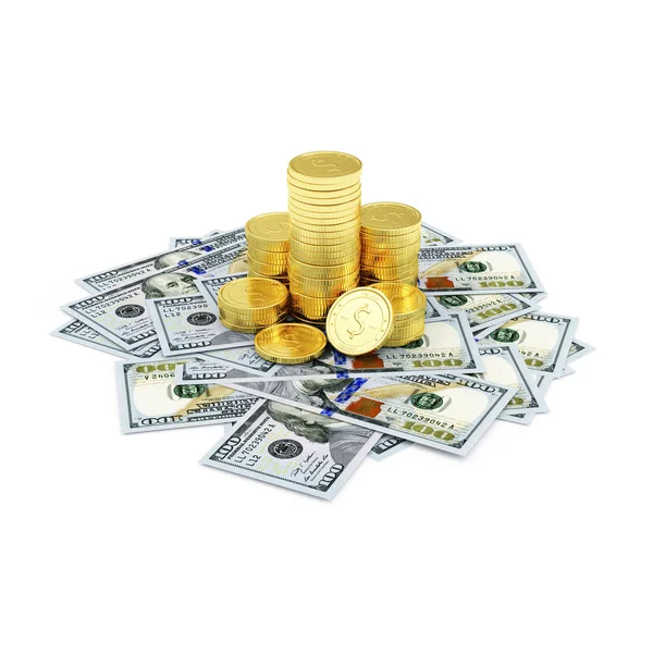 Stack of Golden Coins with Dollar Bills — Stock Photo, Image