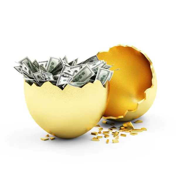 Zerbrochenes goldenes Ei mit Dollarscheinen — Stockfoto