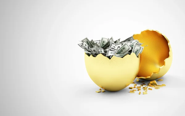 Broken Golden Egg with Dollar Bills — Stock Photo, Image