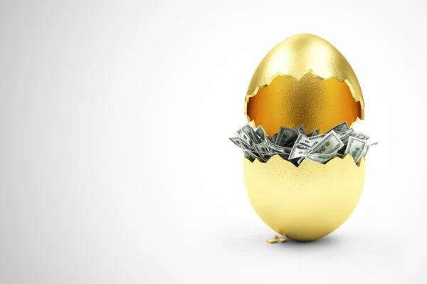 Broken Golden Egg with Dollar Bills — Stock Photo, Image