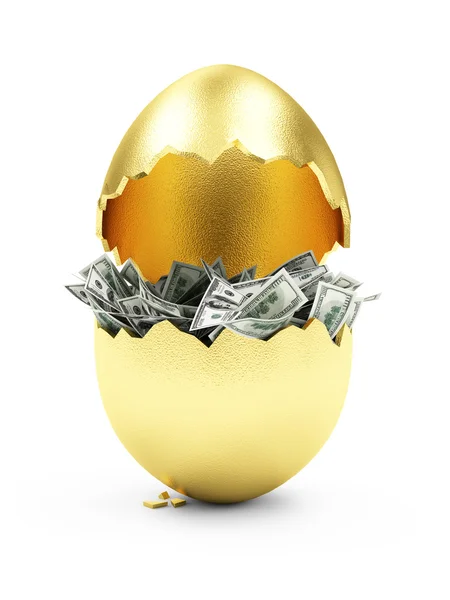 Złamane złote jajko z banknotów dolarowych — Zdjęcie stockowe