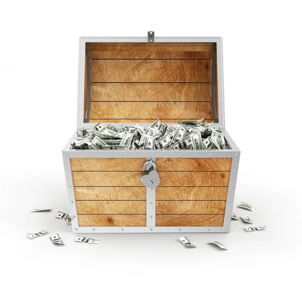 Treasure Chest with Heap of Dollar Bills — Stock Photo, Image