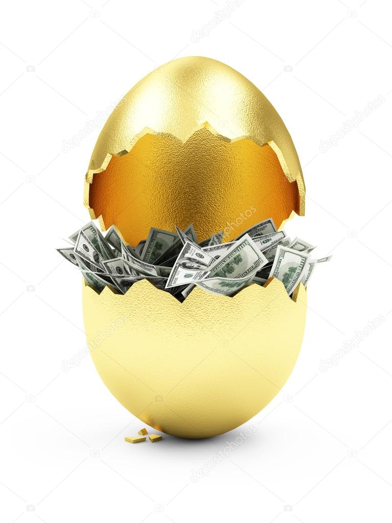 Broken Golden Egg with Dollar Bills