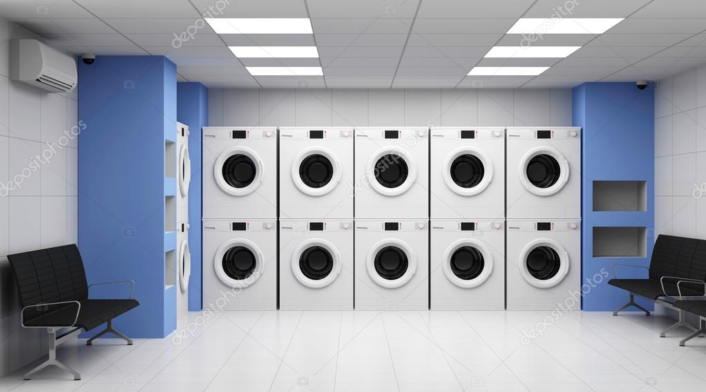 Laundry Interior with Washing Machines and Seats