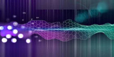 Bulanık çizgiler ve veri dağılımı olan soyut altıgen şebeke arkaplanı. Yapay zeka. Algoritmalar derinden öğreniyor. Büyük Data. Sanal gerçeklik. Engelleme zinciri. Veri bilimi öğrenimi. 
