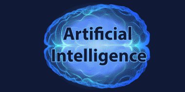 Koyu arkaplanda mavi parçacıklar olan soyut beyin. Yapay zeka. Bilim ve teknoloji nöral ağ konsepti. Vektör illüstrasyonu.