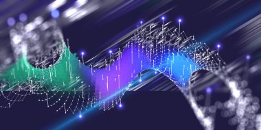  Dalgalı renk ızgarası olan soyut çokgen analiz arkaplanı ve karanlıkta bulanık çizgiler. İş, bilim ve teknoloji afişi. Büyük Veri. 