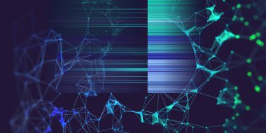 Çokgen ızgaralı soyut arkaplan ve karanlıkta bulanık çizgiler. Yapay zeka. İş, teknoloji ve bilimin fütüristik görselleştirilmesi. Büyük veri.