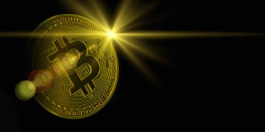 Bulanık çizgiler ve yıldız ışığıyla soyut arka planda bitcoin 'in 3 boyutlu çizimi. İş, madencilik ve finans kavramı. Kripto para birimi için soyut sancak engelleme teknolojisi.  