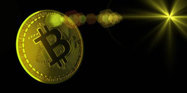 Siyah arkaplanda bitcoin çiziminin 3 boyutlu çizimi. Şifreli para için soyut sancak engelleme teknolojisi. Madencilik, iş ve finans kavramı. 