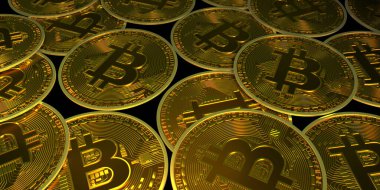 3 boyutlu resimli bitcoinler siyaha işlenir. Şifreli para için sancak zinciri teknolojisi. İş, madencilik ve finans kavramı.  