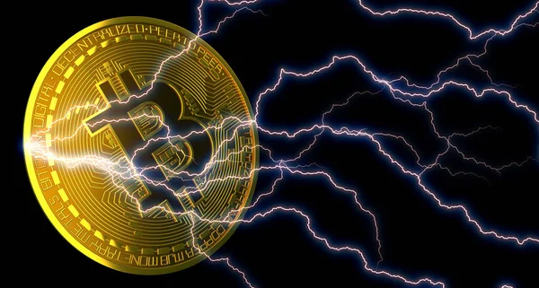 3D illustration bitcoin coin render with lightning lines on dark. Banner blockchain technology for cryptocurrency. Concept for business, mining and finance.