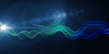 Kablo şebekesi olan soyut renk arkaplanı ve karanlıkta parlayan ışık. İş, bilim ve teknoloji afişi. 