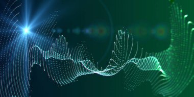 Karanlıkta spot ışıkları olan soyut fonun kablo şebekesi. İş, bilim ve teknoloji afişi.