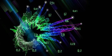 Büyük veri. Poligonal ızgara analizi ile soyut arkaplan ve siyah üzerinde bulanık çizgiler. Analitik algoritma verileri. Kuantum kriptografi konsepti. İş, bilim ve teknoloji afişi.