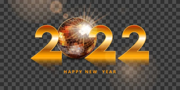 2022 ve altın disko topu. Lens efektli şeffaf arkaplanda parlak küre.