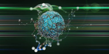 Kürenin noktalarını birleştiren kaotik çizgilerle soyut arkaplan. Analitik algoritma verileri. Büyük veri. Kuantum kriptografi konsepti. İş, bilim ve teknoloji afişi.