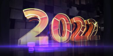 2022 yılı. Koyu arkaplanda Yeni Yıl geometrik yıl tasarımı. Soyut tatil afişi. Benek efektli ve satırlı bir tatil kavramı. 