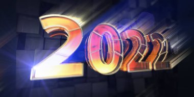 2022 yılı. Koyu arkaplanda Yeni Yıl geometrik yıl tasarımı. Nokta efekti ve çizgileri olan bir tatil düşünün. Soyut tatil afişi.