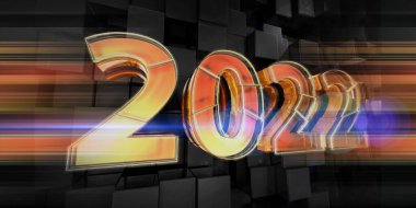 2022 yılı. Koyu küplerin arka planında yeni yıl geometrik sayısı. Soyut tatil afişi. Bulanık çizgilerle tatil kavramı. 