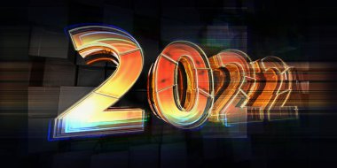 2022 yılı. Koyu arkaplanda Yeni Yıl geometrik yıl tasarımı. Soyut tatil afişi. Benek efektli ve satırlı bir tatil kavramı. 
