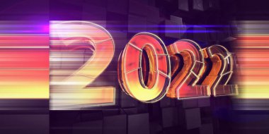 2022 yılı. Karanlık küplerin arka planında yeni yıl geometrik sayı dizaynı. Soyut tatil afişi. Bulanık çizgilerle tatil kavramı. 
