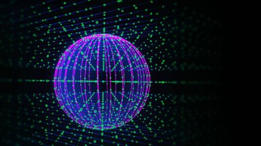 Karanlıkta yeşil daireleri birbirine bağlayan küre ile soyut fütüristik veri kütlesi. Küre, veri tabanında. Teknoloji, analitik ve bilim için görselleştirme kavramı