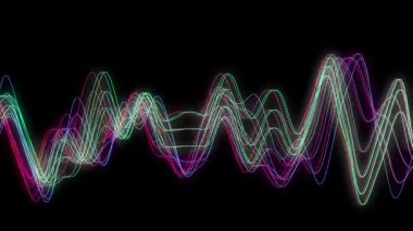 Yeşil, mavi, kırmızı renkli kıvrımlı animasyon çizgileri ve kıvrımlar. Siyah arkaplanda parlayan neon dalgaları animasyonu. Renkli parlak neon dalgalar.