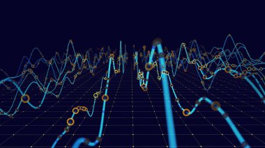 Dalgalı çizgilerden elde edilen soyut dijital bilgi verileri karanlık siber uzayda kuantum hesaplama yayıyor. Teknik bilgi aktarımı. Büyük veri.