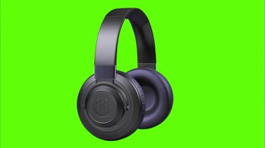 Siyah kablosuz kulaklıklar yeşil ekranda dönerek çalışıyor. 3B görüntüleme.