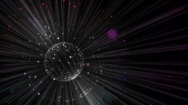 Noktaları birleştiren renk ışınlarıyla soyut ızgara küresi. Karanlık siber uzay. Teknoloji küresel ağ küresi. Fütüristik kablo veri kavramı.
