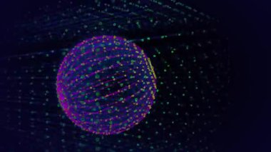 Soyut büyük veri küresi üç boyutlu dijital siber uzay verisinde döner. Karanlık arka planda kuantum hesaplama kavramı. Çemberlerin kesişme noktalarını engelliyor. Yapay zeka tasarımı.