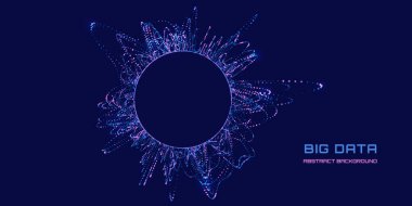 Karanlıktaki parçacıklardan gelen soyut fütürist dalgalar. Renk veri bazasından gelen ses hareketi. Ses dalgası ve ses arkaplanı. Parlak parçacıkların patlaması ile radikal. Bilim, teknoloji ve yapay zeka için.