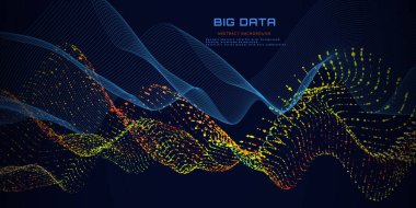 Soyut fütüristik mavi çizgiler ve renk parçacıkları geliyor. Siber uzayda renk noktalarının üzerindeki dalgalı çizgiler. Optik yolda ilerleyen fütüristik büyük veri. 5G.